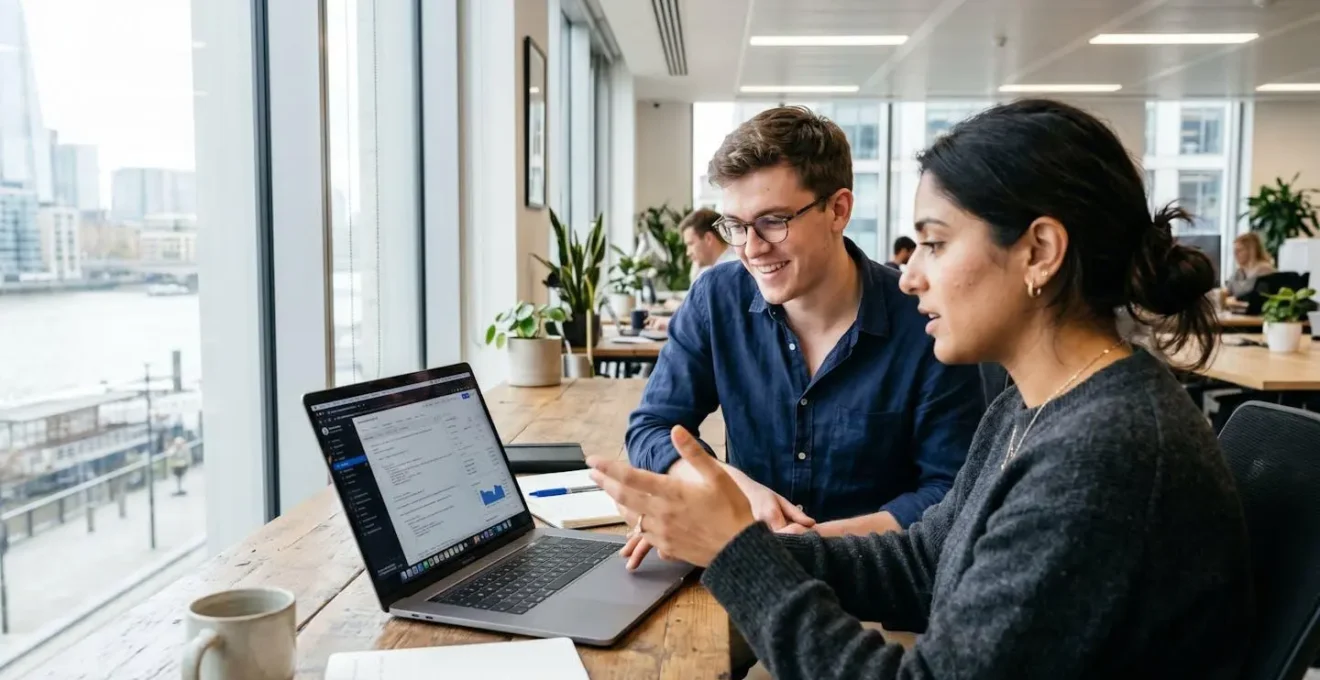 Un dirigeant et un responsable IT en discussion de travail devant un ordinateur portable dans un bureau contemporain lumineux