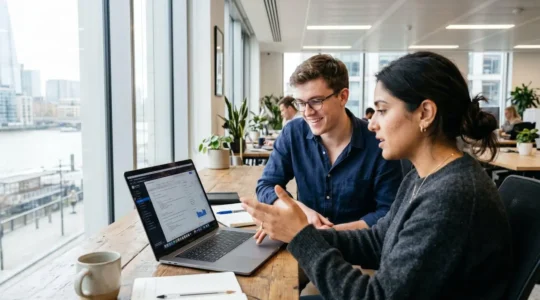 Un dirigeant et un responsable IT en discussion de travail devant un ordinateur portable dans un bureau contemporain lumineux
