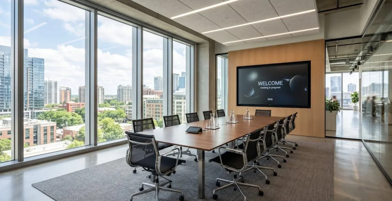 Vue grand angle d'une salle de réunion contemporaine vide avec un grand écran de présentation et de larges fenêtres apportant une lumière naturelle abondante